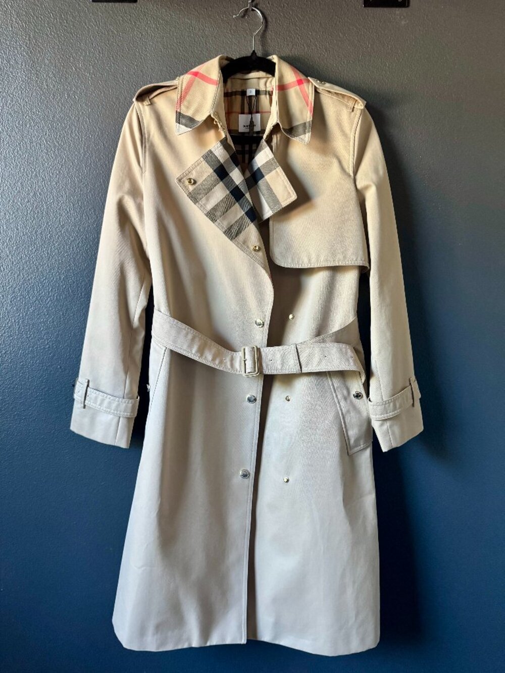 BURBERRY Sandridge Check Collar Cotton Gabardine Trench Coat — NWT — US Size 2